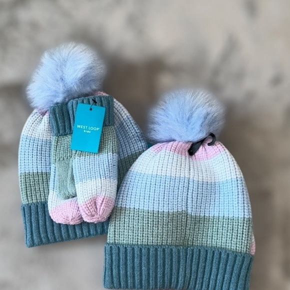 West Loop Kids Twin Girls Winter Matching Hat & Gloves Set of 2 Striped NWT O/S - Picture 3 of 6